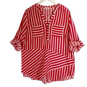 stripped red& white  blouse top V-neck chest pockets  3/4 sleeve size large